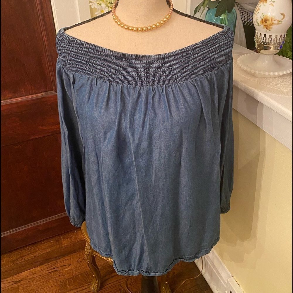 Gap Indigo Denim Blue Off Shoulder Peasant Top Sz M
